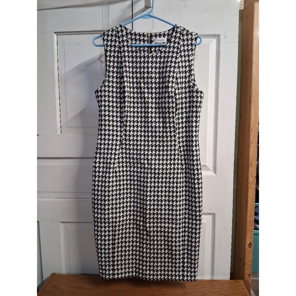 Calvin Klein Womens Houndstooth Sheath Dress Size 14 Black & White Sleeveless